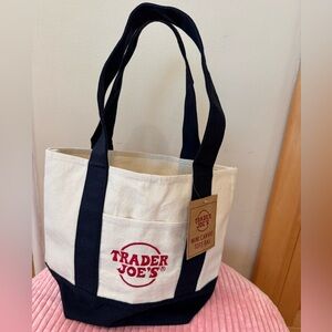 TRADER JOE’s Mini Canvas Tote Bag Navy Blue Straps Reusable Market Tote NWT